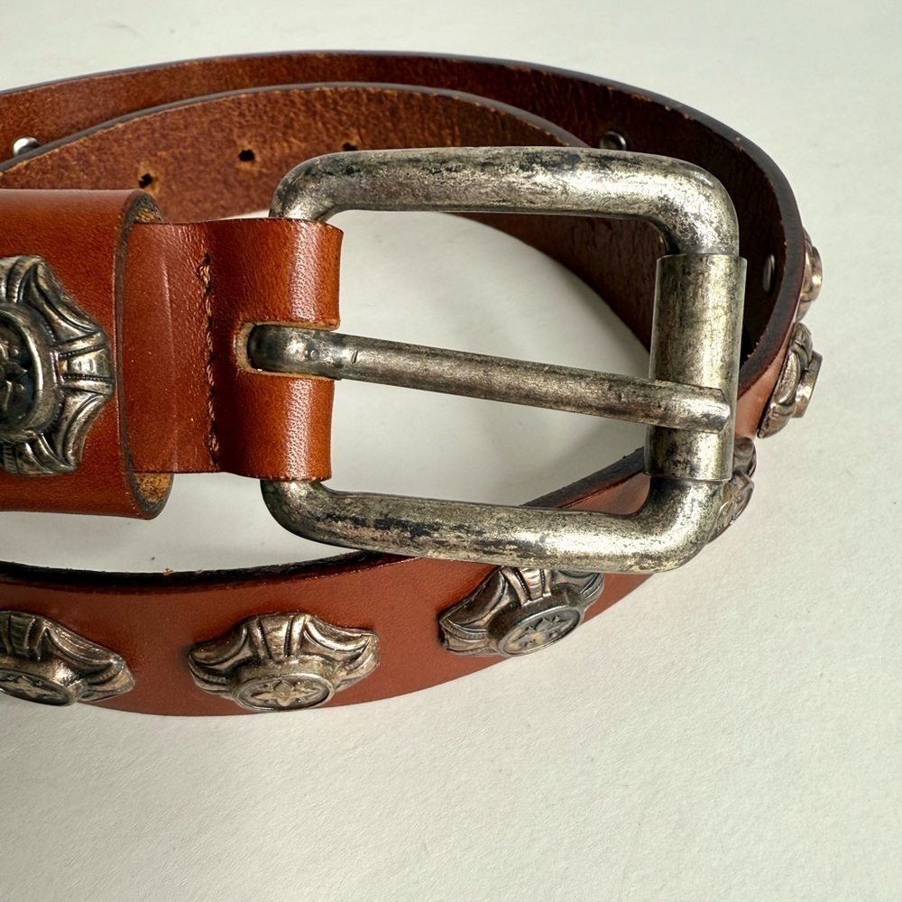 1980s Vintage NEIMAN MARCUS Brown Leather Pewter Cowgirl Conch Belt Size Large - Picture 9 of 16
